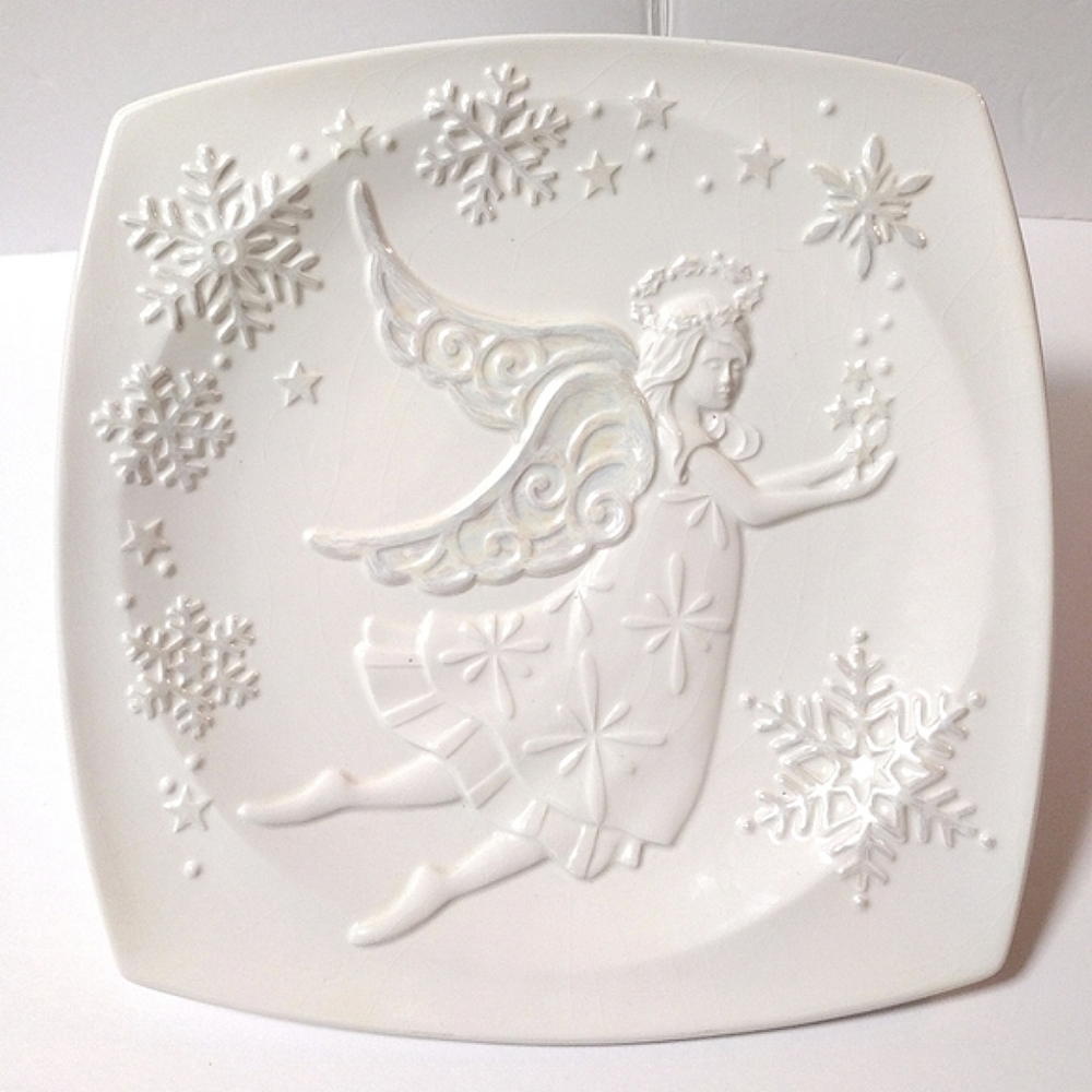 BELLA CASA Vintage Ceramic Square Serving Plate White Pearl Luster Angel by GANZ